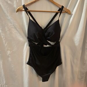 Cupshe Large Black‎ One Piece Swimsuit With Full Front Cut Outs Tie